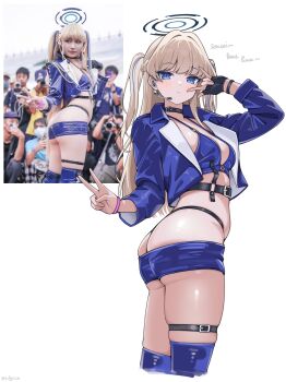 1girl absurdres ass belt bikini black_belt black_choker black_gloves black_panties blonde_hair blue_archive blue_bikini blue_eyes blue_halo blue_jacket breasts choker closed_mouth cropped_jacket fingerless_gloves from_side gloves halo highres jacket long_hair looking_at_viewer medium_breasts micro_shorts microphone panties photo-referenced reference_inset schjuice shorts simple_background single_fingerless_glove single_glove swimsuit thigh_strap thighs toki_(blue_archive) two_side_up underwear v white_background