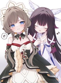 Rule 34 | !?, 2girls, bare shoulders, blue eyes, breasts, brown hair, closed eyes, columbina (genshin impact), commentary request, detached sleeves, dress, eye mask, genshin impact, gloves, head wings, headdress, highres, locked arms, long hair, long sleeves, mask, multiple girls, musical note, open mouth, purple hair, ririhyvpct, sandrone (genshin impact), simple background, smile, spoken interrobang, white background, white dress, white gloves, white wings, wide sleeves, wings