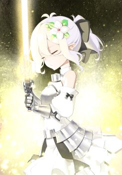 Rule 34 | 1girl, 9nojo, antenna hair, armor, armored dress, artoria pendragon (fate), black bow, bow, breastplate, caliburn (fate), closed eyes, closed mouth, commentary, cosplay, detached sleeves, dress, english commentary, fate/unlimited codes, fate (series), flower, gauntlets, glowing, glowing sword, glowing weapon, hair between eyes, hair bow, hair flower, hair ornament, highres, holding, holding sword, holding weapon, kokkoro (princess connect!), pointy ears, ponytail, princess connect!, puffy short sleeves, puffy sleeves, saber lily, saber lily (cosplay), short sleeves, solo, sword, two-handed, weapon, white dress, white flower, white hair, white sleeves