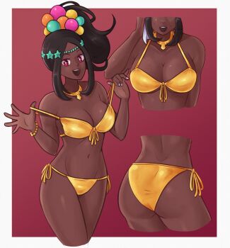 1girl :d absurdres alternate_costume ass bikini bikini_pull border bracelet breasts brown_hair cleavage clothes_pull collarbone commentary dark-skinned_female dark_skin english_commentary fire_emblem fire_emblem_engage front-tie_top gold_bikini hair_ornament highres jewelry looking_at_viewer medium_breasts navel necklace nintendo obsidianwasp open_mouth paid_reward_available pearl_bracelet pearl_hair_ornament ponytail red_eyes shiny_skin side-tie_bikini_bottom smile star-shaped_pupils star_(symbol) string_bikini swimsuit symbol-shaped_pupils thighs timerra_(fire_emblem) very_dark_skin white_border