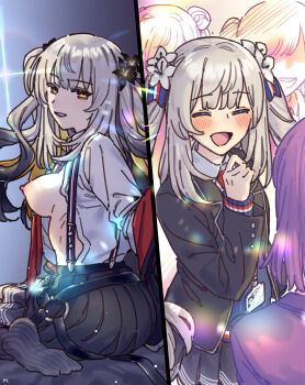 5girls absurdres blush breasts breasts_out closed_eyes fate/grand_order fate_(series) highres long_hair long_sleeves looking_at_viewer marie_antoinette_(fate) marie_antoinette_alter_(fate) mash_kyrielight medium_breasts mitsurugi_sugar multiple_girls nipples open_mouth pink_hair pseudo-tokyo_school_uniform school_uniform short_hair smile twintails white_hair yellow_eyes