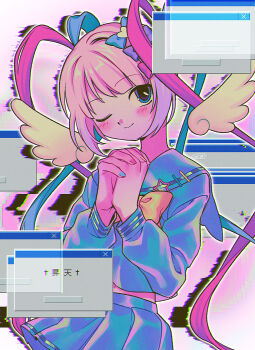 1girl ;) absurdres artist_name blonde_hair blue_bow blue_eyes blue_hair blue_nails blue_serafuku blue_shirt blue_skirt blush bow bowtie chouzetsusaikawa_tenshi-chan chromatic_aberration closed_mouth cowboy_shot error_message feathered_wings glitch hair_bow hands_up highres holographic_clothing interlocked_fingers long_hair long_sleeves looking_at_viewer menma_(enaic31) microsoft_windows midriff_peek multicolored_hair multicolored_nails multiple_hair_bows nail_polish needy_girl_overdose one_eye_closed outline own_hands_together pink_bow pink_hair pink_nails pleated_skirt praying purple_bow quad_tails sailor_collar school_uniform serafuku shirt signature skirt smile solo standing white_outline window_(computing) windows_95 windows_classic wings yellow_bow yellow_nails