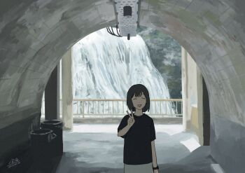 1girl 4_89 :d black_hair black_shirt ceiling_light closed_eyes dated dot_nose highres open_mouth original railing real_world_location shirt short_hair short_sleeves smile solo t-shirt trash_can tunnel v watch water waterfall wristwatch