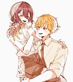 1boy 1girl arm_around_shoulder arm_around_waist black_necktie black_shorts black_thighhighs blonde_hair blush bouquet chainsaw_man closed_eyes collared_shirt couple denji_(chainsaw_man) er1ji6ou2004 flower hair_between_eyes hair_bun hetero holding holding_bouquet looking_at_another medium_hair necktie open_mouth purple_hair red_eyes reze_(chainsaw_man) sharp_teeth shirt short_hair shorts sitting sitting_on_lap sitting_on_person sleeveless sleeveless_shirt sleeves_rolled_up smile teeth thighhighs updo white_background white_shirt
