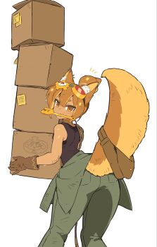 Rule 34 | 1girl, animal ear fluff, animal ears, ass, bare arms, bare shoulders, black shirt, box, brown eyes, brown gloves, brown hair, brown tail, cardboard box, center-flap bangs, clothes around waist, commentary, cookie run, cookie run: ovenbreak, copyright notice, croissant cookie, dark-skinned female, dark skin, double-parted bangs, eyes visible through hair, fang, feet out of frame, food-themed hair, fox ears, fox girl, fox tail, from behind, gloves, goggles, goggles on head, green jacket, green pants, hair between eyes, hair bun, highres, holding, holding box, humanization, jacket, jacket around waist, key, looking at viewer, looking back, mouth hold, ohta guk hip, pants, pocket, red-tinted eyewear, round eyewear, shirt, short eyebrows, short hair, sidelocks, simple background, single hair bun, sleeveless, sleeveless shirt, solo, standing, sweat, tail, thick thighs, thighs, tinted eyewear, tsurime, untranslatable commentary, v-shaped eyebrows, white background, yellow-framed eyewear