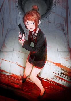 1girl black_eyes black_jacket black_shoes black_skirt blood blood_on_clothes blood_on_face blood_on_ground brown_hair check_copyright collared_shirt commentary_request copyright_request formal_clothes full_body gun hair_bun handgun holding holding_gun holding_weapon indoors jacket looking_at_viewer medium_hair open_mouth original pencil_skirt shirakaba shirt shoes skirt skirt_suit smoke smoking_barrel solo standing suit weapon white_shirt