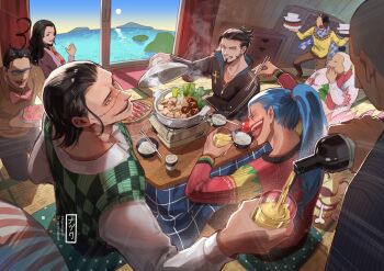 1girl 6+boys bow bowl bowtie buggy_the_clown cabaji chopsticks clown_nose commentary cooking crocodile_(one_piece) daz_bones dracule_mihawk facial_hair galdino goatee green_vest highres holding holding_chopsticks impossible_hair indoors laughing male_focus mohji_(one_piece) multiple_boys ngumngim one_piece open_mouth paula_(one_piece) pink_bow pink_bowtie pouring rice richie_(one_piece) steam stitched_face stitches sweater tatami vest white_sweater window yellow_sweater