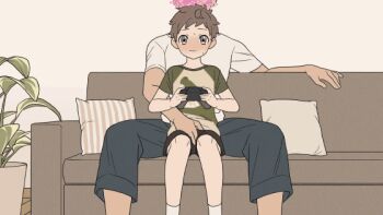 2boys age_difference amakara000 animated animated_gif babysitter between_legs blush controller couch crotch_rub game_controller groping handjob handjob_over_clothes male_focus molestation multiple_boys on_couch original pillow playing_games reach-around short_hair shota sitting spread_legs yaoi