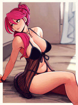 Rule 34 | 1girl, absurdres, babydoll, black bra, black nightgown, bra, breasts, cleavage, commentary, double-parted bangs, eiyuu densetsu, english commentary, feet out of frame, folded ponytail, hair between eyes, high ponytail, highres, indoors, lace-trimmed nightgown, large breasts, leaning back, legs, lingerie, navel, nightgown, on bed, pink hair, ponytail, raichiyo33, sara valestein, see-through clothes, see-through nightgown, sen no kiseki, sen no kiseki (series), sen no kiseki i, sen no kiseki iii, simple background, sitting, solo, stomach, twitter username, underwear, upper body, wristband, yellow eyes