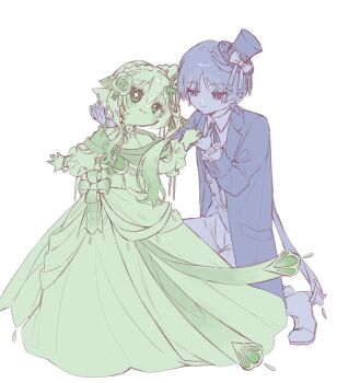 1boy 1girl 8w7hluxisx32753 alternate_costume asymmetrical_sidelocks blunt_ends blush boots bracelet braid chest_jewel closed_mouth coat collared_shirt cross-shaped_pupils dress flower formal_clothes frilled_sleeves frills genshin_impact hair_flower hair_ornament half-closed_eyes half_crown_braid hands_up hat head_tilt heart heart_hair_ornament holding_hands jewelry kneeling lapels leaf leaf_hair_ornament limited_palette long_dress long_sleeves looking_at_another mini_hat mini_top_hat nahida_(genshin_impact) open_clothes open_coat outstretched_arms pants pointy_ears ribbon rose scaramouche_(genshin_impact) shawl shirt sidelocks smile split_mouth spread_arms symbol-shaped_pupils top_hat tsurime undershirt vest white_background wispy_bangs