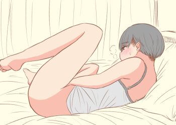 1girl absurdres barefoot blush bottomless breath commentary_request curtains female_masturbation highres indoors masturbation noe_aoikaba on_bed original pillow shirt short_hair solo sweat tomboy very_short_hair white_shirt