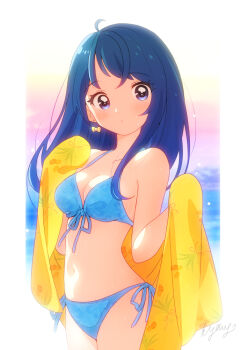 Rule 34 | 1girl, beach towel, bikini, blue bikini, blue eyes, blue hair, border, bow, bow earrings, breasts, collarbone, cowboy shot, earrings, hair down, hirogaru sky! precure, holding, holding towel, jewelry, kyanos (b 0000ff), long hair, looking at viewer, navel, precure, side-tie bikini bottom, small breasts, solo, sora harewataru, standing, stomach, swimsuit, towel