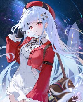 1girl alice_vu artist_name bag beret black_gloves black_ribbon blue_hair blush breasts brown_bag buttons candy candy_cane closed_mouth comet commentary cropped_jacket dress english_commentary envelope floating_hair flower flower_in_eye food freesia_(flower) freesia_(stella_sora) freesia_(the_gift_of_falling_snow)_(stella_sora) frilled_sleeves frills gloves hair_flower hair_ornament hand_up hat head_tilt highres holding holding_envelope jacket light_particles long_hair looking_at_viewer medium_breasts monolith_(object) neck_ribbon night official_alternate_costume open_clothes open_jacket red_eyes red_hat red_jacket ribbon short_dress shoulder_bag sidelocks sky smile snow solo sparkle standing star_(sky) star_(symbol) starry_sky stella_sora symbol_in_eye thighs very_long_hair white_dress