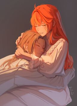 Rule 34 | 1boy, 1girl, absurdres, ahoge, blonde hair, closed eyes, closed mouth, commentary, cousins, eris greyrat, grey background, headpat, hetero, highres, hug, long hair, long sleeves, mushoku tensei, nightgown, official alternate costume, parted lips, red hair, rudeus greyrat, shirt, simple background, tinivast, twitter username, white nightgown, white shirt