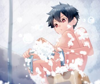 1boy bathing black_hair closed_mouth hair_between_eyes kemono_jihen kusaka_kabane male_focus nude red_eyes ronba1125 sitting soap_bubbles solo