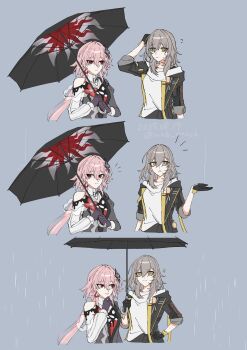 2girls black_coat black_dress black_flower black_gloves black_umbrella coat dress evernight_(honkai:_star_rail) flower gloves grey_hair hair_flower hair_ornament highres holding holding_umbrella honkai:_star_rail honkai_(series) layered_dress long_hair march_7th_(honkai:_star_rail) multiple_girls open_clothes open_coat pink_hair rain red_eyes shared_umbrella shirt simple_background single_bare_shoulder stelle_(honkai:_star_rail) trailblazer_(honkai:_star_rail) umbrella white_dress white_shirt wrb_moch yellow_eyes