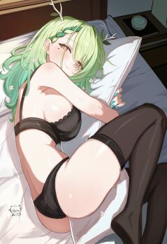 1girl absurdres alternate_costume antlers ass black_bra black_panties black_thighhighs blush bra braid braided_bangs breasts ceres_fauna closed_mouth commentary fetal_position fingernails green_hair green_nails hair_over_one_eye highres hololive hololive_english horns hugging_object large_breasts lingerie lips long_hair looking_at_viewer lying median_furrow mole mole_under_eye nail_polish no_shoes on_bed on_side panties pillow pillow_hug psypolo_d sideboob signature solo thighhighs thighs tree_horns underwear underwear_only virtual_youtuber yellow_eyes