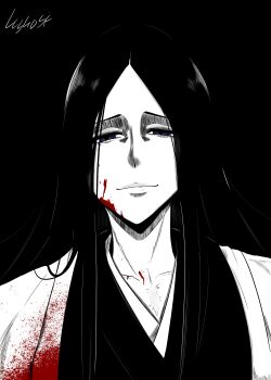 1girl absurdres bleach bleach:_sennen_kessen-hen blood blood_on_clothes blood_on_face blue_eyes collarbone commentary empty_eyes english_commentary hair_down half-closed_eyes haori highres japanese_clothes long_hair lughost monochrome portrait scar scar_on_chest shihakusho smile solo spot_color taichou_haori unohana_retsu