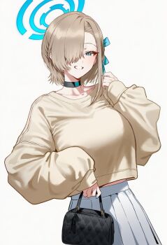 1girl alternate_hair_length alternate_hairstyle aqua_eyes aqua_nails aqua_ribbon asuna_(blue_archive) bag black_bag black_choker blonde_hair blue_archive blue_skirt blush breasts brown_sweater choker collarbone commentary_request eyelashes fingernails hair_over_one_eye hair_ribbon halo handbag highres holding holding_bag nail_polish ribbon short_hair simple_background single_sidelock skirt smile solo sweater tora_raz white_background