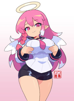 1girl angel angel_wings breasts genderswap halo japanese_clothes kuu medium_breasts pink_eyes pink_hair rin_nightmare school_uniform serafuku shorts wings