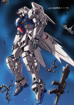 artificial_eye beam_rifle body_markings debris destruction energy_gun english_text floating gun gundam gundam_0083 gundam_gp-03_stamen highres markings mecha mecha_focus mechanical_arms mechanical_eye mechanical_hands mechanical_legs mechanical_wings mobile_suit no_humans numbered rifle robot science_fiction solo space suzutsuki_kurara text_background v-fin weapon wings wreckage zaku_ii zaku_ii_f2