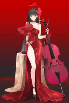 1girl absurdres alternate_costume arm_at_side arm_support asymmetrical_gloves bare_arms bare_shoulders black_hair black_halo black_shoes blue_archive blunt_bangs blush bow bow_(music) breasts bridal_gauntlets bright_pupils brown_bow cello choker cleavage collarbone dishwasher1910 dress earrings elbow_gloves evening_gown expressionless fingernails footwear_bow full_body gloves gradient_background groin hair_ornament halo hand_up highres holding holding_bow_(music) huge_breasts instrument jewelry legs long_dress long_hair looking_at_viewer nail_polish no_panties parted_lips platform_heels red_background red_bridal_gauntlets red_choker red_dress red_eyes red_gloves red_nails red_theme rio_(blue_archive) shoes side_slit simple_background single_bare_leg single_glove standing straight-on straight_hair strapless strapless_dress strappy_heels train_(clothing) uneven_gloves variant_set very_long_hair waist_bow white_pupils