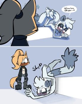 2girls accident all_fours ass back bare_back barefoot blonde_hair blush body_fur chest_tuft clumsy colored_skin crossed_legs english_text eyebrows falling feet flat_chest furry grey_fur idw_publishing leaning leaning_forward lettuce_(artist) lying multiple_girls narrowed_eyes naughty_face nervous nude ponytail purple_eyes qqlettuce raised_eyebrow seductive_smile sega slip smile soles sonic_(series) sonic_the_hedgehog_(idw) speech_bubble sweat sweatdrop tail talking tangle_the_lemur toes tomboy whisper_the_wolf white_fur white_hair white_skin wolf yellow_fur yuri