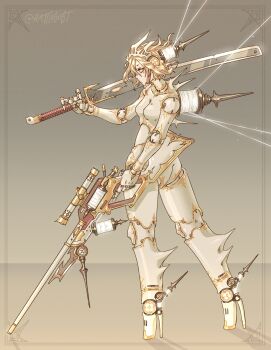 Rule 34 | 1girl, absurdres, blonde hair, breasts, cyborg, full body, gun, highres, holding, holding gun, holding sword, holding weapon, knight, medium breasts, original, rattlegeist, rifle, short hair, silk, solo, spool, sword, thread, twitter username, weapon