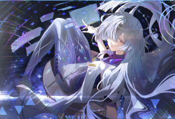 1girl chinese_commentary colored_eyelashes commentary_request grey_hair hair_ornament hair_over_one_eye halo high_heels highres holographic_interface id_card jacket kanjian_wo_de_jiangyoule_ma long_hair looking_at_viewer looking_to_the_side mornye_(wuthering_waves) parted_lips red_eyes see-through_body solo tacet_mark_(wuthering_waves) turning_head white_jacket wuthering_waves