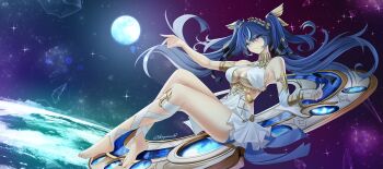 1girl absurdres ancient_greek_clothes arm_up armlet bare_shoulders barefoot blue_eyes blue_hair breasts cleavage closed_mouth commentary commission full_body gold_bra gradient_hair greco-roman_clothes highres iuno_(wuthering_waves) jewelry kaguracchi_(kaguracchi77) large_breasts laurel_crown leg_wrap light_blush long_hair looking_at_viewer moon multicolored_hair sitting smile solo streaked_hair thighs twintails twitter_username wuthering_waves