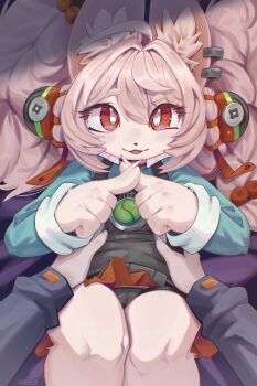 1boy 1girl animal_ear_fluff animal_ear_piercing black_dress black_panties blue_shirt body_fur braid character_request commentary dress english_commentary furry furry_female furry_with_non-furry hair_ornament hetero highres interspecies laverne_3r long_sleeves looking_at_viewer open_mouth panties pantyshot pinafore_dress pink_fur pink_hair pov pov_hands red_eyes shirt signature sleeveless sleeveless_dress solo_focus sphere_hair_ornament thick_eyebrows twin_braids underwear x_fingers zenless_zone_zero zhao_(zenless_zone_zero)