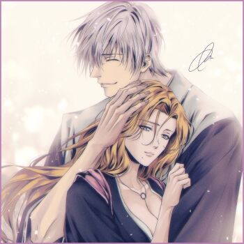 1boy 1girl an_(ruuanru) bleach blue_eyes breasts cleavage closed_eyes eyes_visible_through_hair grey_hair hetero hug ichimaru_gin jewelry large_breasts long_hair matsumoto_rangiku mole mole_under_mouth necklace orange_hair signature smile third-party_source