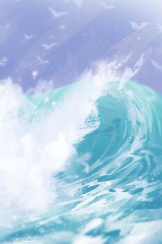 1girl bird blue_sky blue_theme breaking_wave day fantasy foaming_waves mermaid monster_girl no_lineart ocean original outdoors scenery sea_spray seagull signature silhouette sky solo subsurface_scattering very_wide_shot water zandra