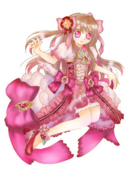 1girl blonde_hair chaos_marie_(grimms_notes) grimms_notes hair_ribbon heart heart-shaped_pupils highres long_hair pink_eyes pink_ribbon puffy_short_sleeves puffy_sleeves ribbon sameoekaki short_sleeves solo symbol-shaped_pupils