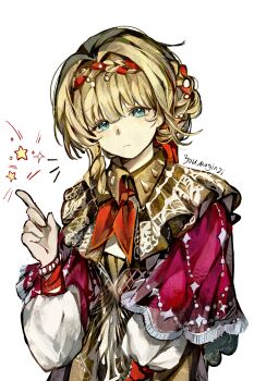 1girl absurdres artist_name blonde_hair blue_eyes braid braided_bangs brown_dress cloak closed_mouth dress hand_up highres index_finger_raised kiperina long_hair low_ponytail neckerchief ponytail red_cloak red_neckerchief reverse:1999 solo star_(symbol) upper_body white_background youmo_yinzi