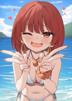 Rule 34 | 1girl, :3, beach, bikini, binsen, breasts, collarbone, day, double v, earrings, fingernails, heart, highres, hoop earrings, idolmaster, idolmaster million live!, idolmaster million live! theater days, jewelry, long fingernails, looking at viewer, medium hair, nail polish, navel, necklace, nonohara akane, official alternate hairstyle, one eye closed, open mouth, orange nails, outdoors, red eyes, red hair, side-tie bikini bottom, smile, solo, standing, swimsuit, v, white bikini