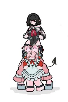 2girls alternate_costume animal_ear_fluff animal_ear_piercing animal_ears animal_feet anklet bare_shoulders black_hair black_leotard black_one-piece_swimsuit black_skirt braid braided_twintails closed_mouth commentary dress english_commentary fishnet_gloves fishnet_sleeves fishnets frilled_dress frills furry furry_female gloves highres jane_doe_(nocturne_of_light)_(zenless_zone_zero) jane_doe_(zenless_zone_zero) jewelry kba_000 latex latex_leotard leotard long_hair mouse_ears mouse_girl mouse_tail multiple_girls no_mouth official_alternate_costume one-piece_swimsuit pink_fur pink_hair rabbit_ears rabbit_girl screw shadow sharp_tail simple_background skirt swimsuit tail white_background white_dress zenless_zone_zero zhao_(zenless_zone_zero)