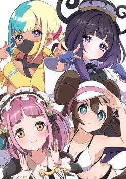4girls absurdres aqua_background aqua_hair aqua_nails aqua_pants arched_bangs bandeau belt belt_buckle bikini black_dress black_hair black_mask black_pants blonde_hair blue_eyes blush breasts brown_eyes brown_hair buckle canari_(pokemon) cleavage closed_mouth coat commentary commentary_request dark-skinned_female dark_skin double_bun dress fingernails frown gloves gradient_hair gwynn_(pokemon) hair_bun hair_ornament hairclip hat highres jacket juliet_sleeves lacey_(fall_2025)_(pokemon) lacey_(pokemon) long_hair long_sleeves looking_at_viewer maid maid_headdress mask medium_breasts mega_stone mouth_mask multicolored_bikini multicolored_hair multiple_girls nail_polish navel nintendo o-ring o-ring_belt official_alternate_costume open_clothes open_coat pants partially_fingerless_gloves pink_hair pokemon pokemon_bw2 pokemon_legends:_z-a pokemon_masters_ex polka_dot polka_dot_background puffy_sleeves purple_eyes purple_hair rono_(lethys) rosa_(pokemon) short_hair small_breasts smile swimsuit twintails two-tone_bikini two-tone_mask two-tone_pants visor_cap white_coat yellow_bandeau yellow_jacket yellow_mask