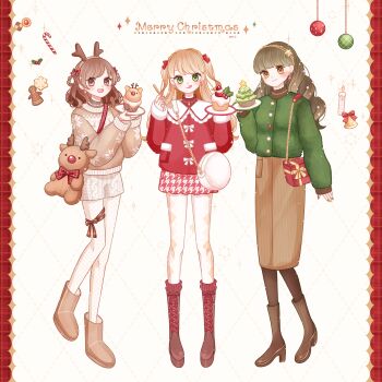 3girls :d :q absurdres ari_(oonmnmooo) bag bell blonde_hair blush boots braid braided_hair_rings brown_boots brown_eyes brown_hair brown_pantyhose brown_sweater cake candle christmas christmas_ornaments closed_mouth commentary earrings fake_antlers fashion fire food fork full_body gingerbread_cookie gingham_skirt green_eyes green_hair green_nails green_sweater hair_rings hairband highres holding holding_fork holding_plate holly jewelry lace-up_boots looking_at_viewer merry_christmas multicolored_nails multiple_girls open_mouth original pantyhose plate polka_dot polka_dot_pantyhose red_nails red_sweater reindeer shorts shoulder_bag skirt sleeves_past_wrists smile snowflakes standing star_(symbol) star_earrings sweater symbol-only_commentary teeth tongue tongue_out two_side_up upper_teeth_only white_pantyhose white_shorts white_skirt yellow_hairband