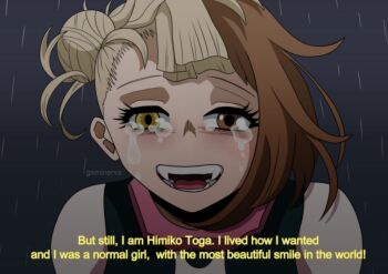 absurdres alternate_costume blonde_hair boku_no_hero_academia close-up cosplay crying crying_with_eyes_open gsminerva highres partial_transformation scene_reference tears toga_himiko uraraka_ochaco_(cosplay) uraraka_ochako yellow_eyes