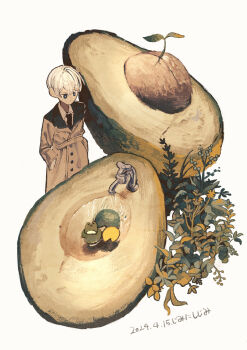 1boy absurdres arms_at_sides avocado black_eyes black_necktie bright_pupils closed_mouth coat collared_shirt commentary_request dark-skinned_male dark_skin dated double-parted_bangs dress_shirt expressionless faucet frog hair_between_eyes hands_in_pockets highres jimini_shijimi lily_pad long_bangs looking_at_object necktie original oversized_food oversized_object plant shirt short_hair simple_background solo sprout standing trench_coat water white-haired_man_(jimini_shijimi) white_background white_hair white_pupils white_shirt