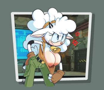 anger_vein angry bell blue_eyes breasts breasts_out cargo_pants chocker cleavage clothes_pull fingerless_gloves furry furry_female gloves horns lanolin_the_sheep large_breasts leaning_forward monitor nipples pants sheep sheep_girl sheep_horns sheep_tail shirt shirt_pull signature simple_background sleeveless sleeveless_shirt sonic_(series) sonic_the_hedgehog_(idw) tail topless_female twintails white_fur wool