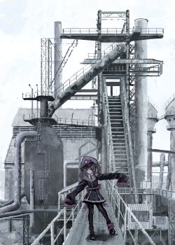 1girl absurdres black_jacket black_necktie black_pantyhose black_shoes closed_mouth collared_shirt factory fallenshadow frown grey_hair grey_hat hat highres indie_virtual_youtuber industrial_pipe jacket long_sleeves looking_at_viewer necktie outdoors pantyhose peaked_cap railing sample_watermark shirt shoes sleeves_past_fingers sleeves_past_wrists solo stairs standing standing_on_one_leg thefatum virtual_youtuber watermark wide_sleeves