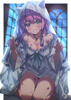 1girl absent absurdres blush bracelet breasts cleavage curly_hair dress earrings frills heterochromia highres himemori_luna hololive jewelry long_hair looking_at_viewer medium_breasts necklace off-shoulder_dress off_shoulder paint_on_body pink_hair seiza sitting smile solo virtual_youtuber white_dress