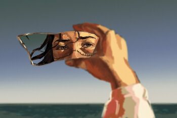 Rule 34 | 1boy, black hair, crocodile (one piece), daro hoot, glass shard, golden hour, grey eyes, highres, holding glass shard, one piece, outdoors, reflection, scar, scar on face, solo