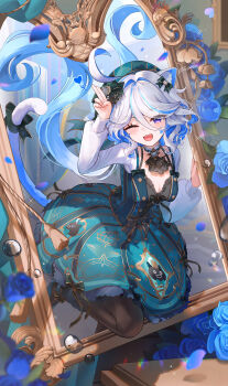1girl absurdres alternate_costume animal_ears black_dress blue_hair breasts cat_ears cat_tail cleavage commentary_request cosplay dress facial_mark furina_(genshin_impact) genshin_impact green_dress highres long_hair long_sleeves lynette_(genshin_cafe_in_seoul)_(genshin_impact) lynette_(genshin_impact) lynette_(genshin_impact)_(cosplay) one_eye_closed open_mouth pioko purple_eyes solo star_(symbol) star_facial_mark tail very_long_hair white_sleeves