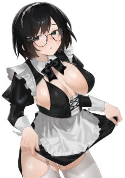 1girl absurdres alternate_costume apron arril100 bikini black_eyes black_hair breasts breasts_apart glasses hanekawa_tsubasa highres large_breasts looking_at_viewer maid maid_apron maid_bikini monogatari_(series) short_hair simple_background skirt_hold solo swimsuit thighhighs triangle_mouth unconventional_maid white_background white_mouth white_thighhighs