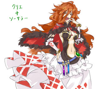 1girl belt blue_belt breasts brown_shirt cape checkered_clothes checkered_skirt commentary_request cowboy_shot creator_(ragnarok_online) detached_sleeves fur-trimmed_cape fur_trim fusion long_hair looking_at_viewer medium_breasts navel open_mouth orange_eyes orange_hair plunging_neckline potion ragnarok_online red_cape shirt simple_background skirt smile solo sorcerer_(ragnarok_online) strapless strapless_shirt toriria vial white_background white_skirt white_sleeves
