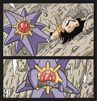 1boy black_eyes black_hair colored_skin crossover dougi dragon_ball gem gen_1_pokemon gun highres holding holding_gun holding_weapon long_legs lying male_focus mega_pokemon mega_starmie muscular muscular_male nintendo no_eyes on_back open_mouth pokemon pokemon_(creature) purple_skin red_gemstone shotgun son_goku spiked_hair starfish starmie weapon wesatinthecar