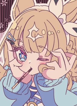 Rule 34 | 1girl, almond eye (umamusume), blue eyes, bow hairband, brown hair, food, food in mouth, hairband, honkawa works, horse girl, long hair, long sleeves, looking at viewer, multicolored hair, one eye closed, pocky, pocky day, pocky in mouth, solo, symbol-shaped pupils, umamusume, upper body, x-shaped pupils